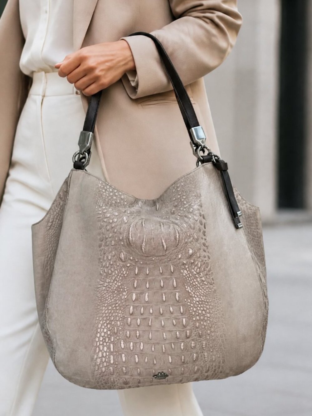 Large Brahmin Taupe Beige Suede Tote Shoulder Bag w/ Shimmer Croc embossed Print